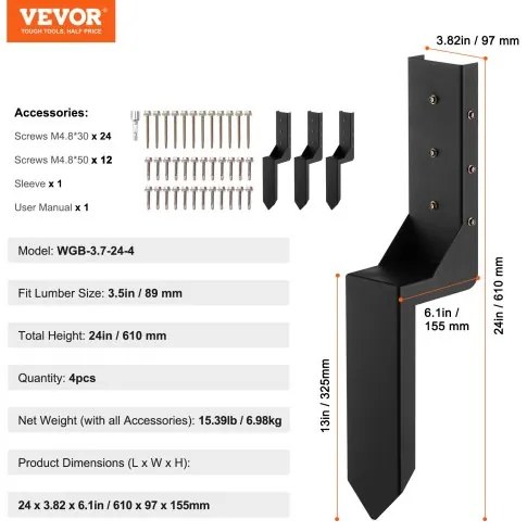 VEVOR Fence Post Anchor Repair Kit, 4 Pack Inner Diameter 3.5 x3.5 Inches Heavy Duty Steel Fence Post Support Stakes, Anchor Ground Spike for Repair Tilted, Broken Wood Fence Post, Enveloping