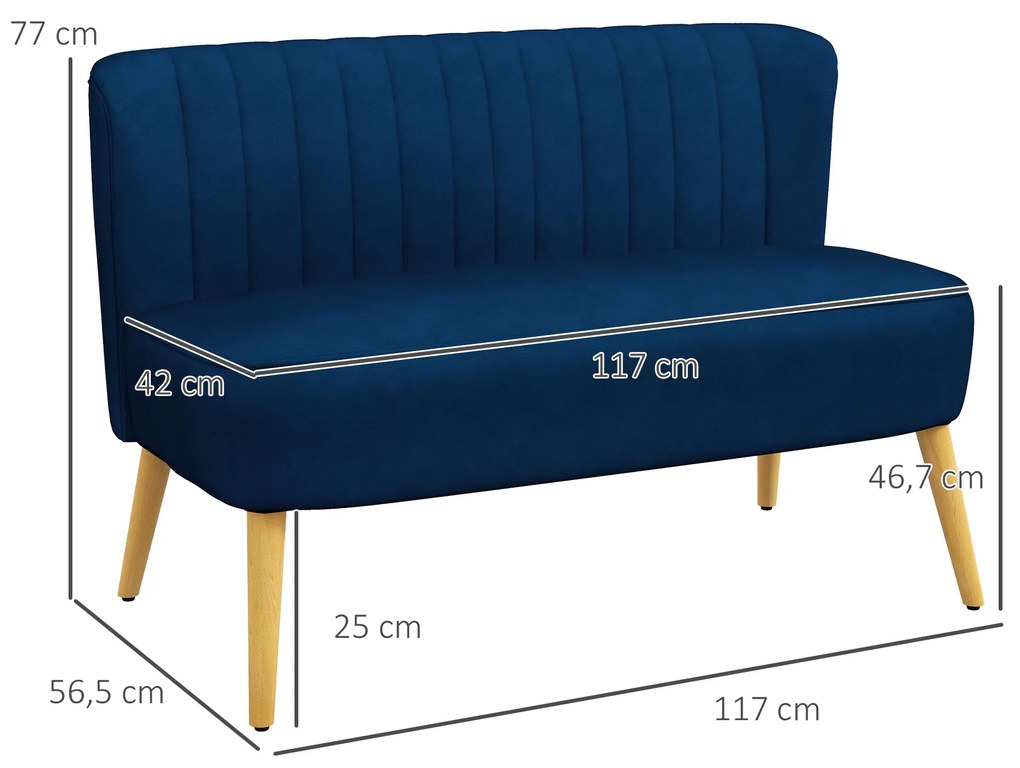 HOMCOM Καναπές Ρετρό Σχεδιασμός 2θέσιος Καναπές, Ξύλινα Πόδια, 117 cm x 56,5 cm x 77 cm, Μπλε