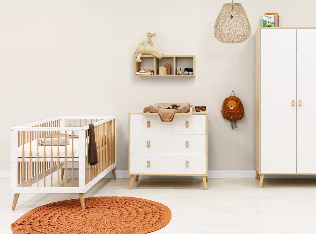 Βρεφικό Κρεβάτι Jort 70x140cm από μασίφ Οξιά White + Natural  ToiToiKids