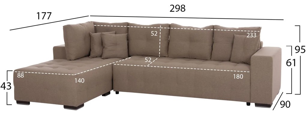 ΓΩΝΙΑΚΟΣ ΚΑΝΑΠΕΣ-ΚΡΕΒΑΤΙ ΜΕ ΑΠΟΘ.ΧΩΡΟ TRENDSTON HM3302.03L ΜΠΕΖ ΥΦΑΣΜΑ 298x177x95Υεκ