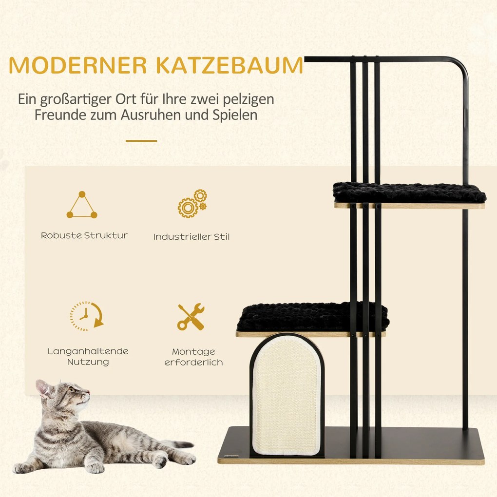 PawHut Δέντρο για Γάτες, Βιομηχανικός Σχεδιασμός, 2 Πλατφόρμες, 2 Μαξιλάρια, Επιφάνεια Ξυσίματος, Ατσάλινο Πλαίσιο, Μαύρο, 85 x 48 x 128 εκ.