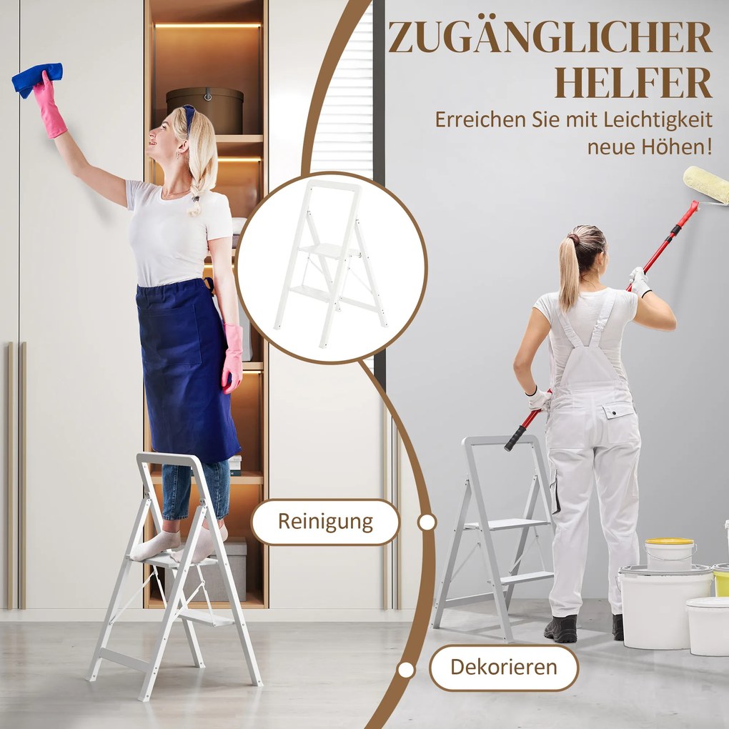 HOMCOM Σκάλα αλουμινίου 2 σκαλοπατιών, αναδιπλούμενη, αντιολισθητική πλατφόρμα, λευκή