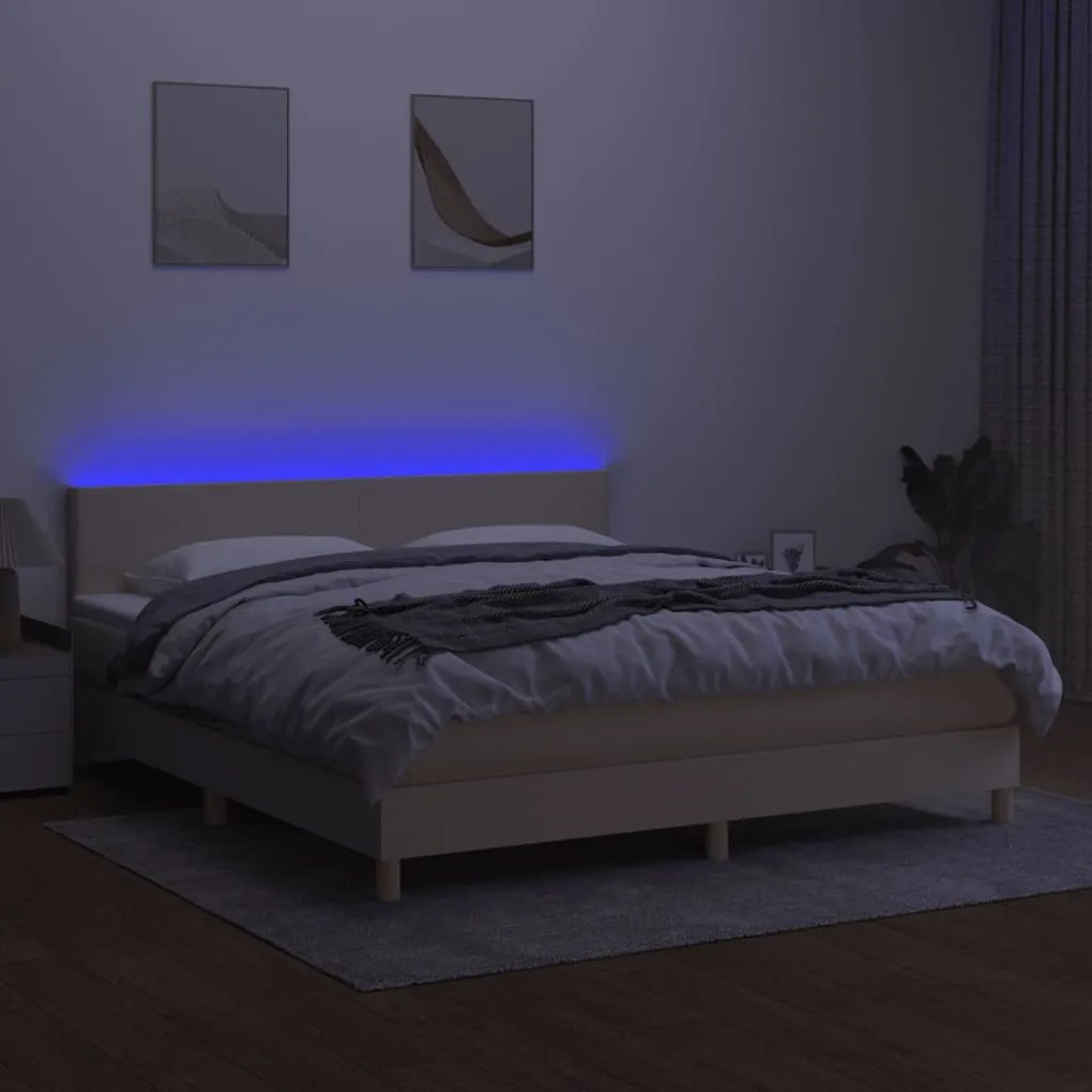 Κρεβάτι Boxspring με Στρώμα &amp; LED Κρεμ 180x200 εκ. Υφασμάτινο - Κρεμ