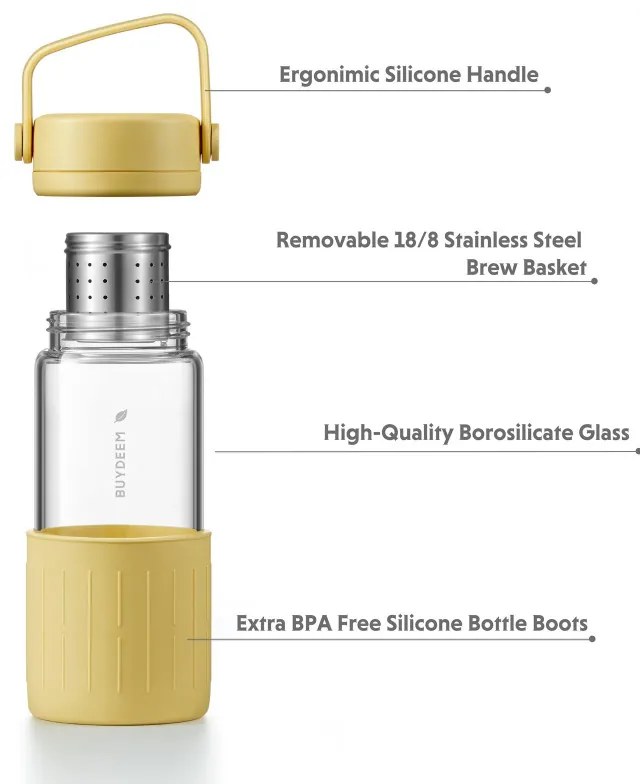 Γυάλινο μπουκάλι τσαγιού με εγχυτήρα Buydeem CD1008-PP, 325 ml, Ρυθμιζόμενο ζέσταμα, Λαβή, Μωβ