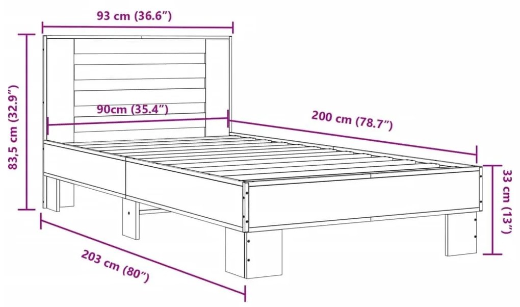 Πλαίσιο Κρεβατιού Γκρι Sonoma 90x200 εκ. Επεξ. Ξύλο &amp; Μέταλλο - Γκρι