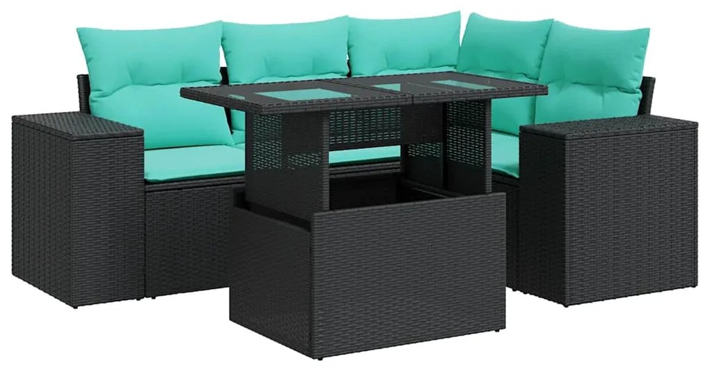 vidaXL Καναπές Κήπου 5 Τεμαχίων Μαύρο Συνθετικό Ρατάν Μαξιλάρια Ακακία