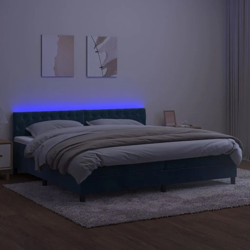 vidaXL Κρεβάτι Boxspring με Στρώμα & LED Σκ. Μπλε 200x200εκ. Βελούδινο