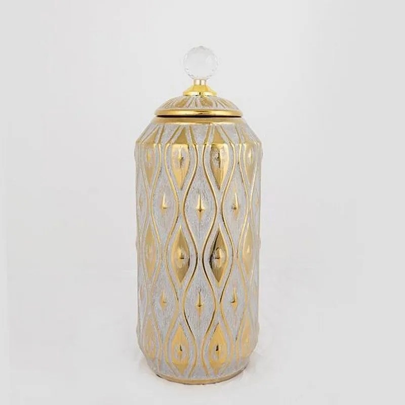 Βάζο Κεραμικό Με Καπάκι 752-20023 14.8x14.8x32.8cm Grey-Gold Estheti Home Κεραμικό