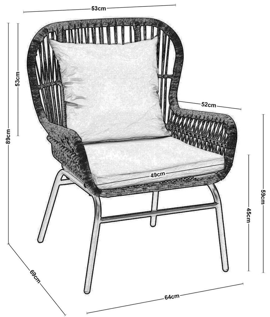 MAX Πολυθρ.Μεταλ.Μαύρη/Wicker SALSA Φυσικό, Μαξ.Eκρού 64x69x89cm (Σετ 2 ΤΕΜ)