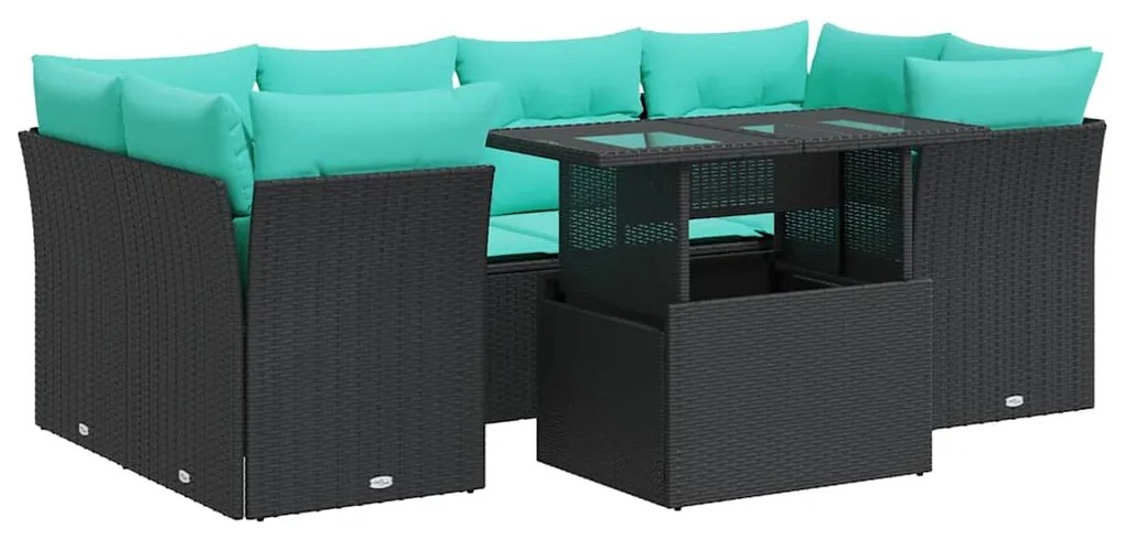 vidaXL Καναπές Σετ 7Τεμαχίων Μαύρο Συνθετικό Ρατάν με Μαξιλάρια Ακακία