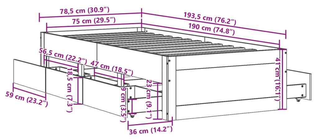 Σκελετός Κρεβατιού Χωρίς Στρώμα με Συρτάρια Μασίφ Ξύλο Πεύκου - Καφέ