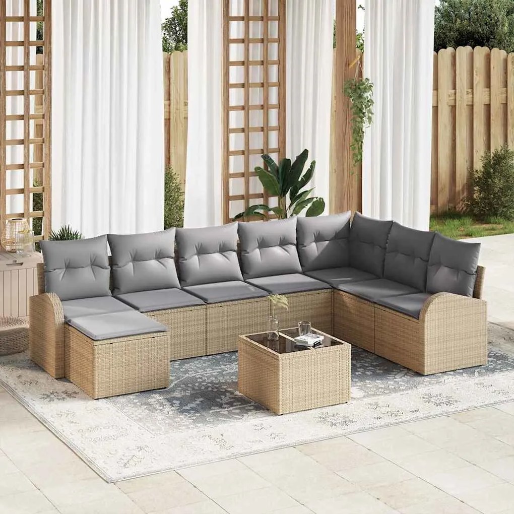 vidaXL Σετ Καναπέ Κήπου με μαξιλάρι 9 pcs Μπεζ Πολυ ράταν