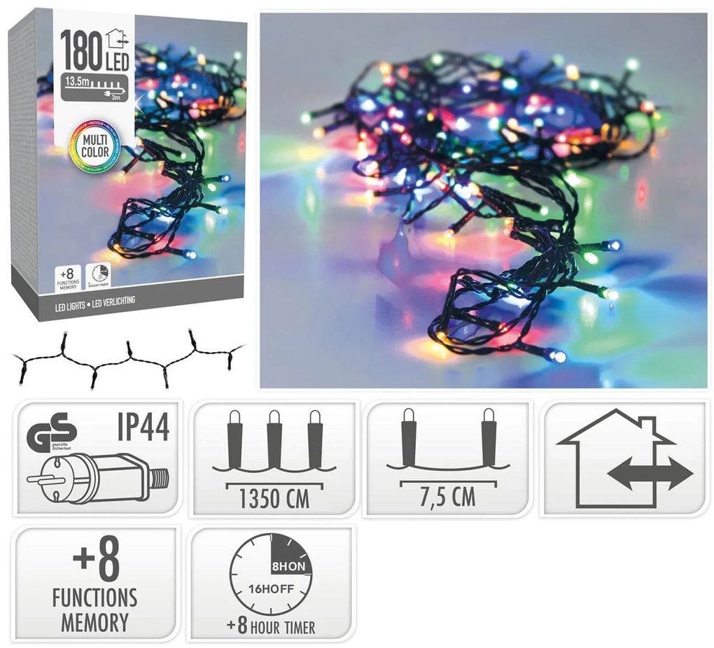 180 Φωτάκια LED - 13.5 Μέτρα + 3 Μέτρα σύνδεσης, Κανονική Διάταξη, με χειριστήριο, 8 προγράμματα, Πράσινο καλώδιο PVC - Πολύχρωμο