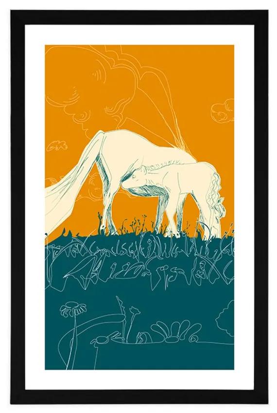 Αφίσα με πασπαρτού Άλογο σε λιβάδι - 20x30 black