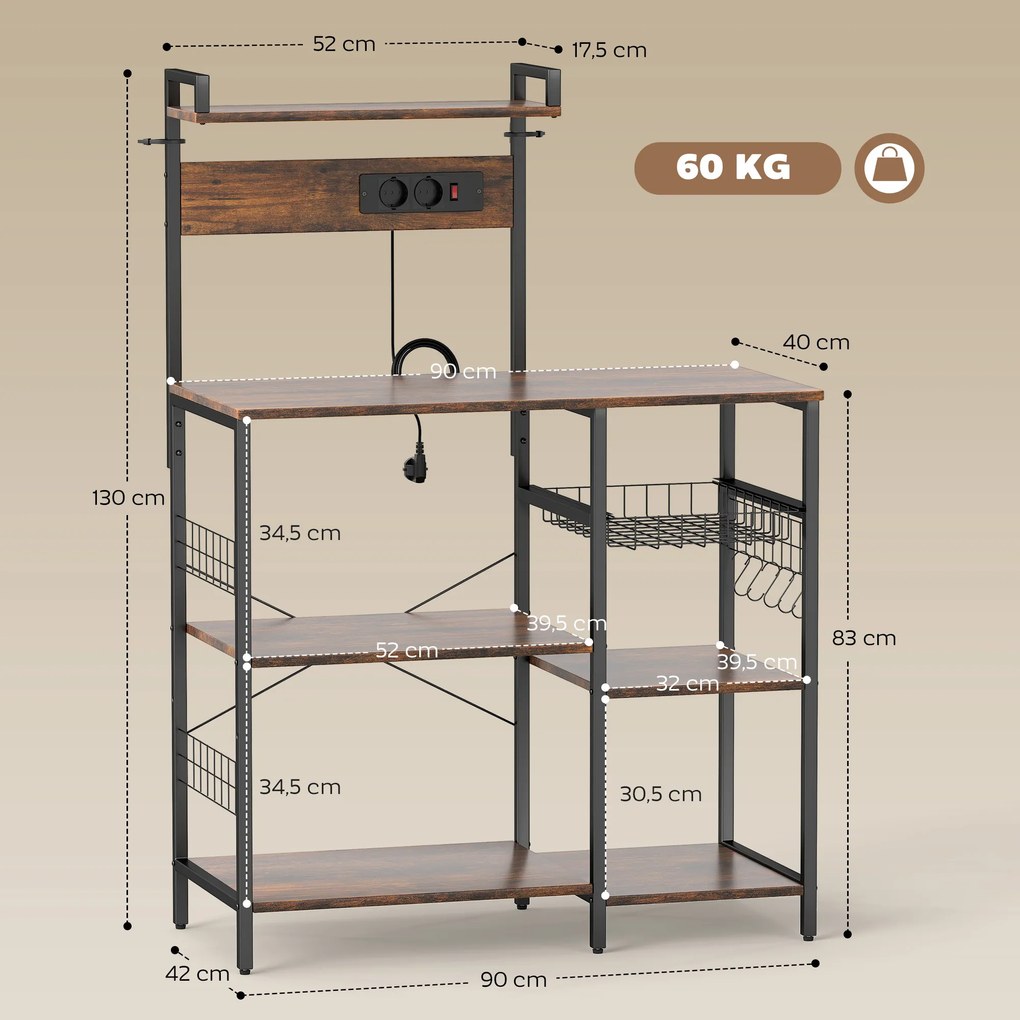 Ράφι κουζίνας HOMCOM, ράφι δαπέδου με 2 πρίζες, 5 S-άγκιστρα, 5 ράφια, καλάθι, χαλύβδινες μπάρες Χ, 90 x 42 x 130 cm