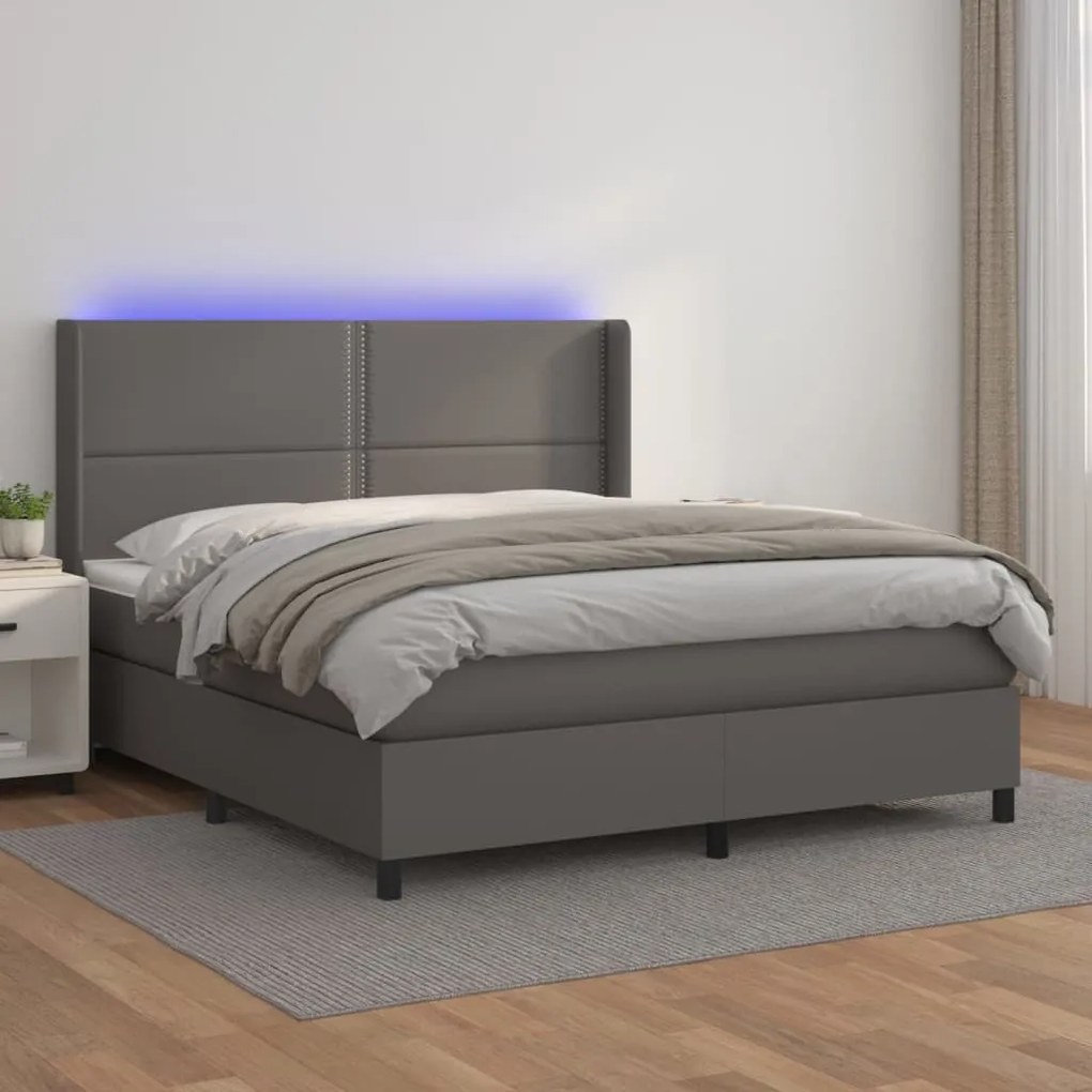 vidaXL Κρεβάτι Boxspring με Στρώμα &amp; LED Γκρι 160x200 εκ. Συνθ. Δέρμα