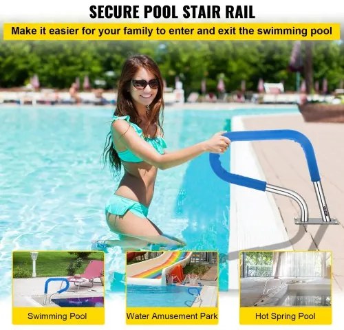 VEVOR Pool Rail 30x22&quot; Pool Railing 304 Stainless Steel 250LBS Load Capacity Silver Rustproof Pool Handrail Humanized Swimming Pool Handrail with Blue Grip Cover &amp; M8 Drill Bit &amp; Self-taping Screws