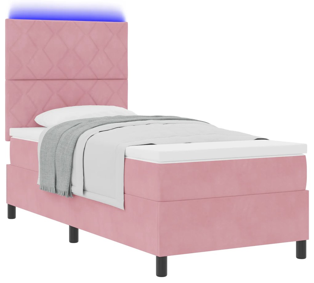 vidaXL Κρεβάτι Box Spring με Στρώμα & LED Ροζ 90x190 εκ. Βελούδου