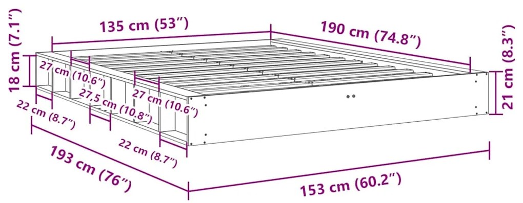 ΠΛΑΙΣΙΟ ΚΡΕΒΑΤΙΟΥ ΧΩΡΙΣ ΣΤΡΩΜΑ 135X190 CM ΜΑΣΙΦ ΞΥΛΟ ΔΡΥΣ 3324131