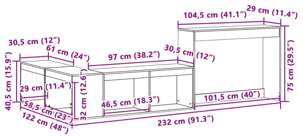 Κομοδίνο με Γραφείο Καφέ Κεριού 232x122x75 εκ Μασίφ Ξύλο Πεύκου - Καφέ