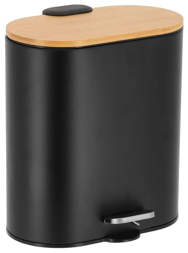 Καλάθι Απορριμμάτων Οβάλ 5L-18x25,5x28,5 Soft Close Μεταλλικό Μαύρο Με Μπαμπού Καπάκι MRShome DS-8008B09