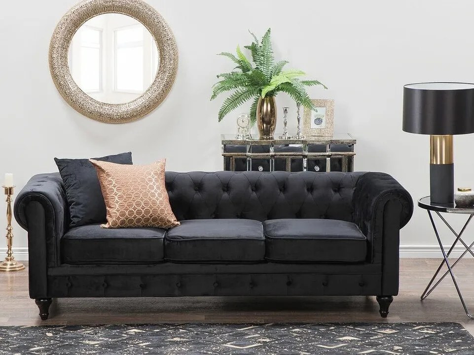 Καναπές chesterfield Berwyn H102, Μαύρο, 201x75x70cm, Πόδια: Ξύλο,Ευκάλυπτος, Καουτσούκ