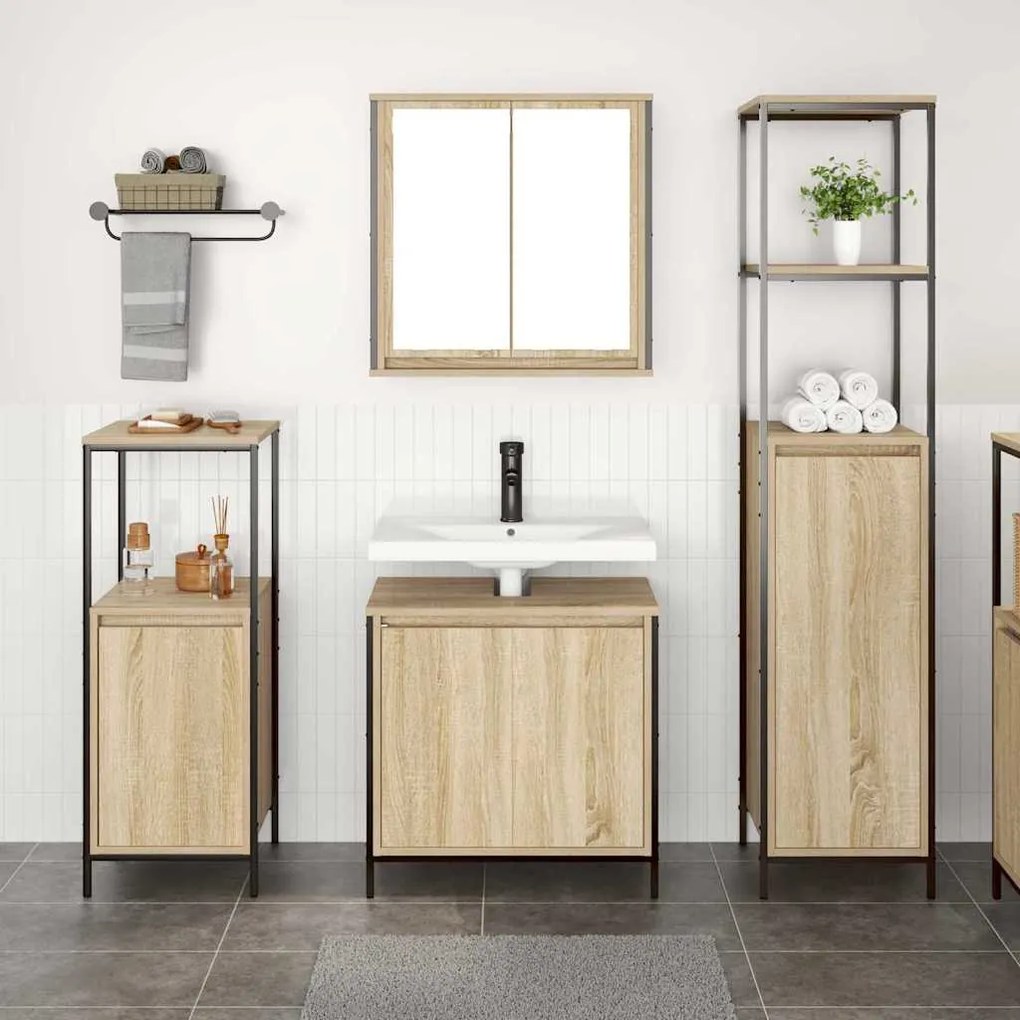 vidaXL Σετ Επίπλων Μπάνιου με ράφι 3 pcs Βελανιδιά Σονομά και Μαύρο