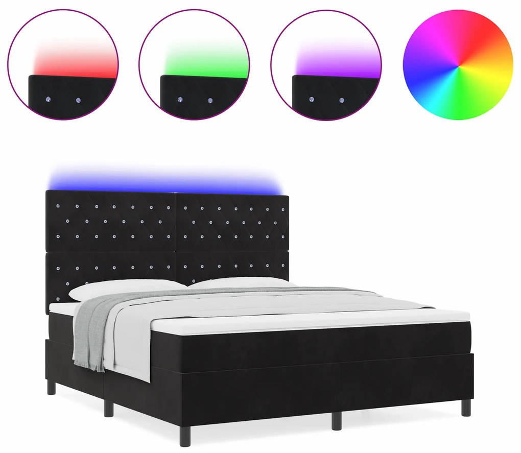 vidaXL Κρεβάτι Box Spring με Στρώμα & LED Μαύρο 180x200 εκ Βελούδο