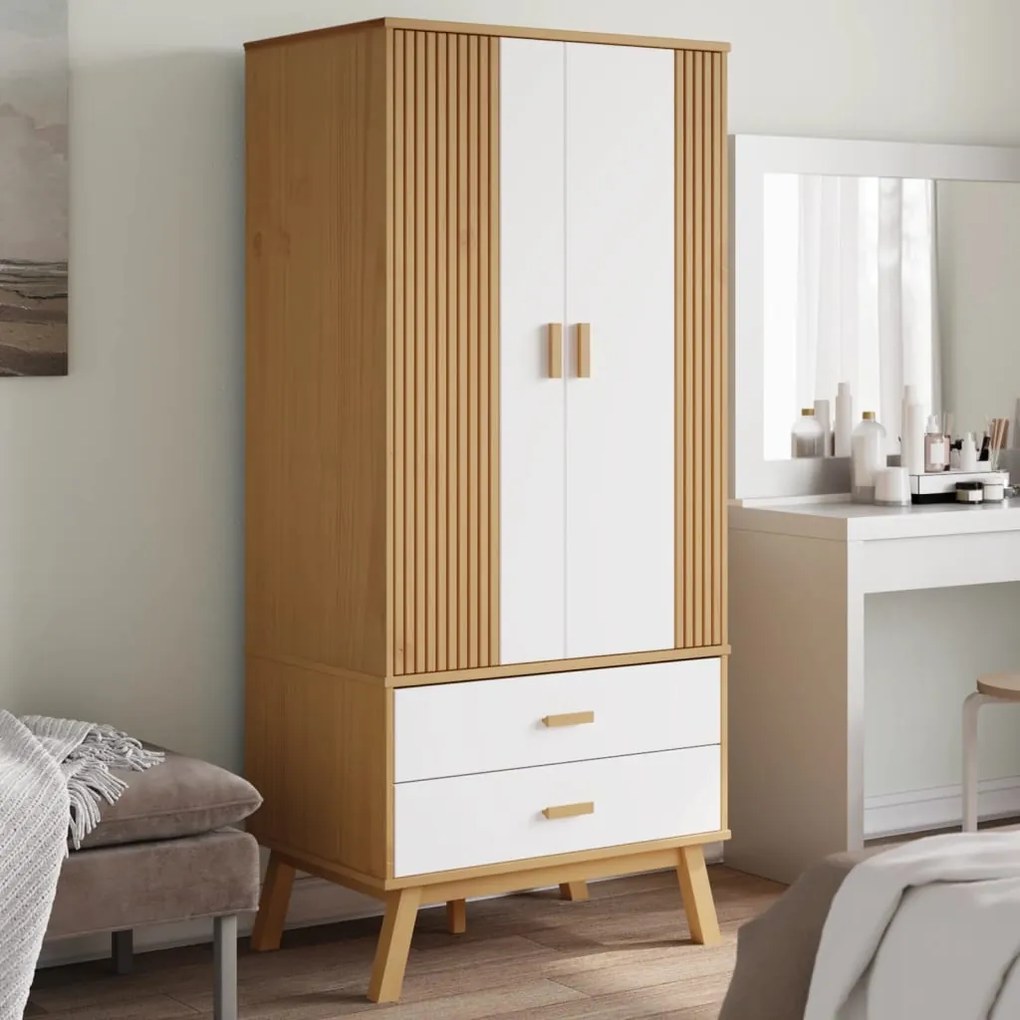 vidaXL Ντουλάπα OLDEN Λευκό &amp; Καφέ 76,5x53x172 εκ. Μασίφ Ξύλο Πεύκου