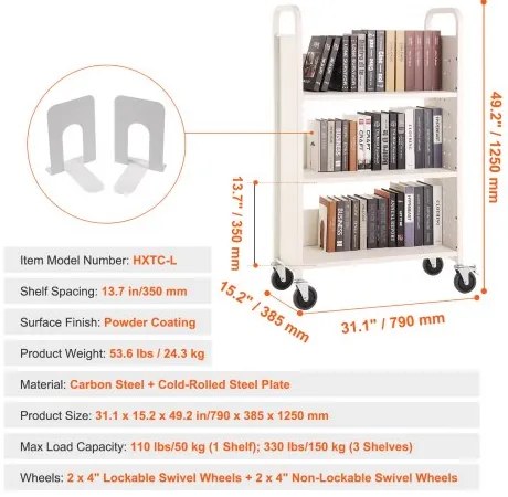 VEVOR Book Cart, 330 lbs Library Cart, 31.1&quot; x 15.2&quot; x 49.2&quot; Rolling Book Cart, Single Sided L-Shaped Flat Shelves with 4-Inch Lockable Wheels for Home Shelves Office and School, Book Truck in White