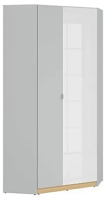 Γωνιακή ντουλάπα Boston BM113, Γυαλιστερό λευκό, Ανοιχτό γκρι, Δρυς, 200.5x93x93cm, Πόρτες ντουλάπας: Με μεντεσέδες