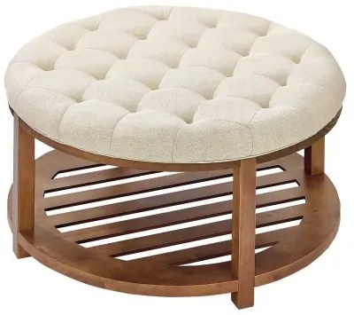 VEVOE Large Round Ottoman Coffee Table, 81 cm Tufted Coffee Table with Solid Wood Shelf Storage, Linen Solid Upholstered Footrest Ottoman for Bedroom Living Room, 350 LBS, Linen Color