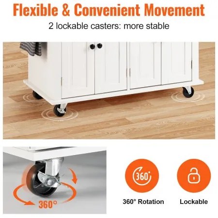 VEVOR Kitchen Island Cart with Solid Wood Top, 35.4" Width Mobile Carts with Storage Cabinet, Rolling Kitchen Table with Spice Rack, Towel Rack, and Drawer, Portable Islands on Wheels, White