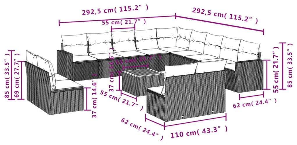 vidaXL Σαλόνι Κήπου Σετ 14 Τεμαχίων με Μαξιλάρια Μαύρο Συνθετικό Ρατάν