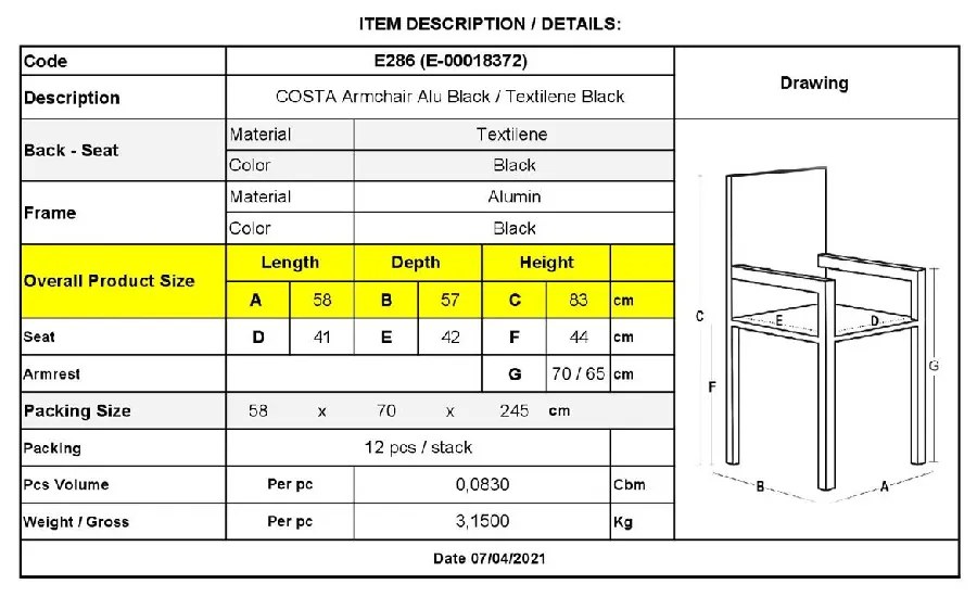 COSTA ΠΟΛΥΘΡΟΝΑ DINING ΑΛΟΥΜΙΝΙΟΥ, ΑΠΟΧΡΩΣΗ ΜΑΥΡΟ TEXTILENE ΜΑΥΡΟ