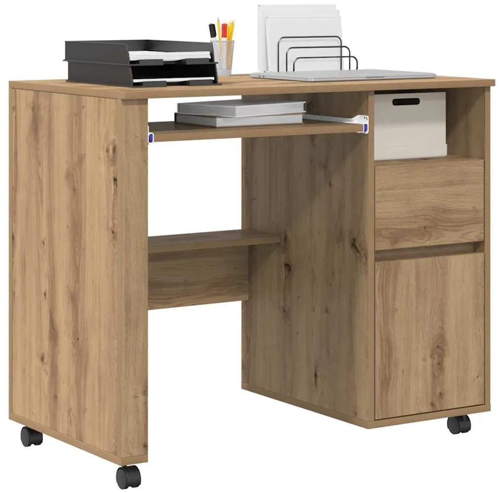 vidaXL Γραφείο με Ρόδες με συρτάρι artisan δρυς 91 x 50 x 77 εκ.
