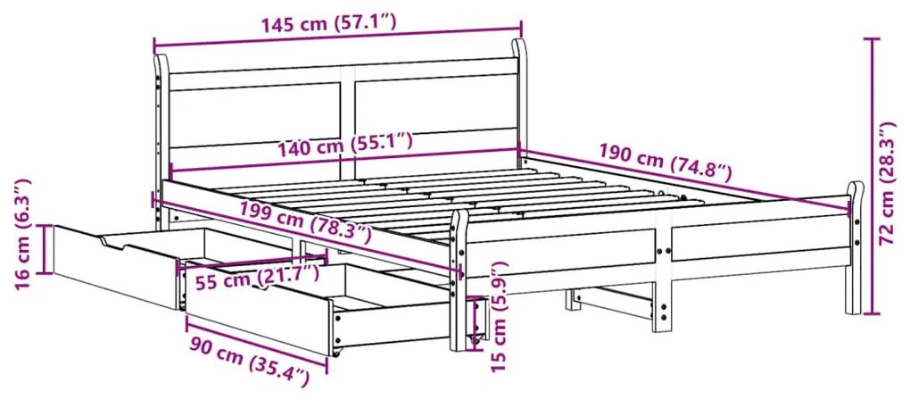 Σκελετός Κρεβατιού Χωρίς Στρώμα Καφέ 140x190 Μασίφ Ξύλο Πεύκου - Καφέ