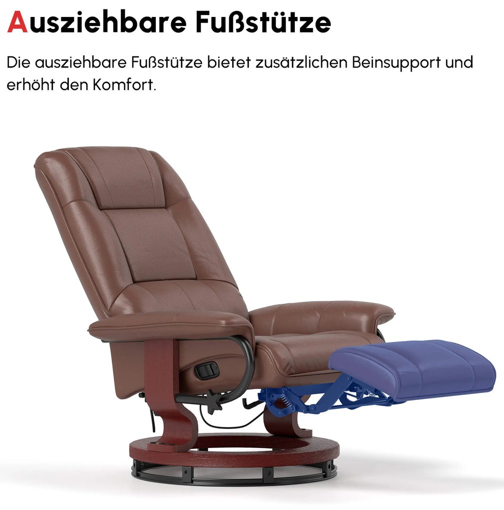 Πολυθρόνα HOMCOM, 145° ανακλινόμενη, ρυθμιζόμενο υποπόδιο, τεχνητό δέρμα, περιστρεφόμενη 360°, έως 120 kg, καφέ