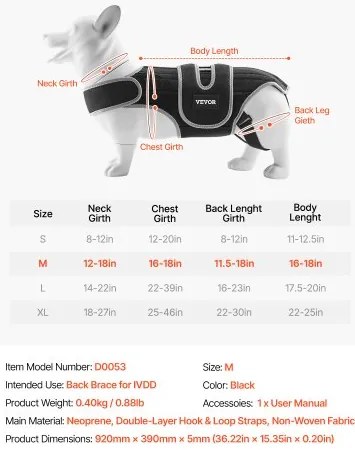 VEVOR Dog Back Brace Adjustable Dog Spine Support Harness for IVDD Pain Relief