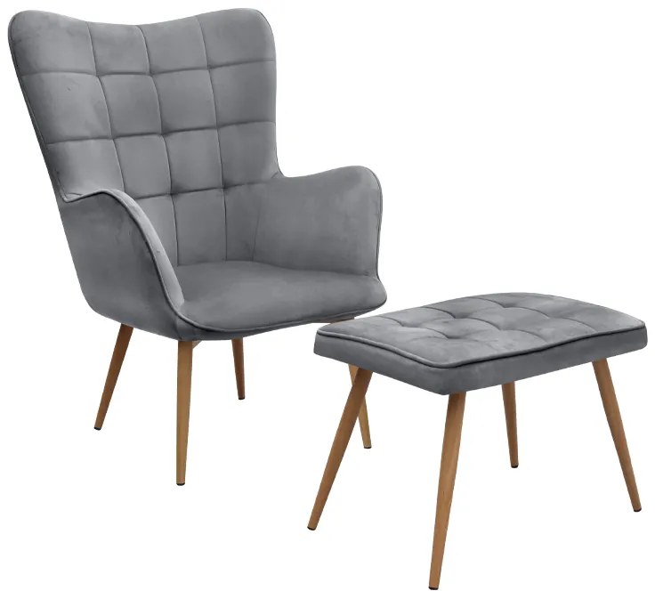 Πολυθρόνα - Μπερζέρα με υποπόδιο Lily Megapap γκρι βελούδο - μεταλλικό πόδι χρώμα φυσικό 70x62x98εκ.