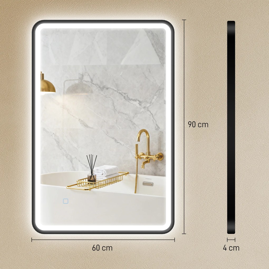 Καθρέφτης μπάνιου LED 90 x 60 cm, φώτα, 3 χρώματα, με δυνατότητα ρύθμισης φωτεινότητας, λειτουργία μνήμης, οριζόντια και κάθετη, μαύρο