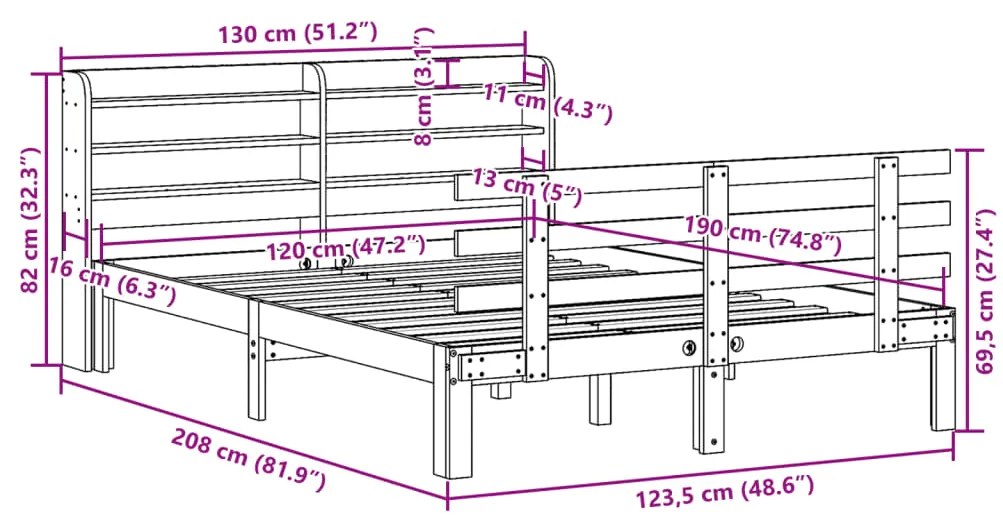 Πλαίσιο Κρεβατιού Κεφαλάρι Καφέ Κεριού 120x190 εκ. Μασίφ Πεύκο - Καφέ