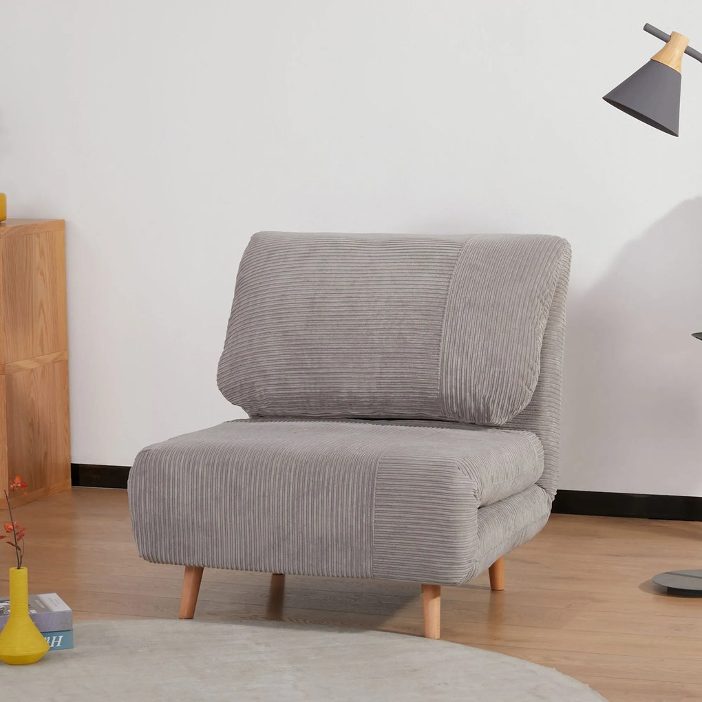 HOMCOM Πολυθρόνα-Κρεβάτι 2-σε-1, Καναπές-Κρεβάτι, έως 200 kg, Ρυθμιζόμενο προσκέφαλο, Υφή κοτλέ 82 cm x 89 cm x 83 cm Γκρι