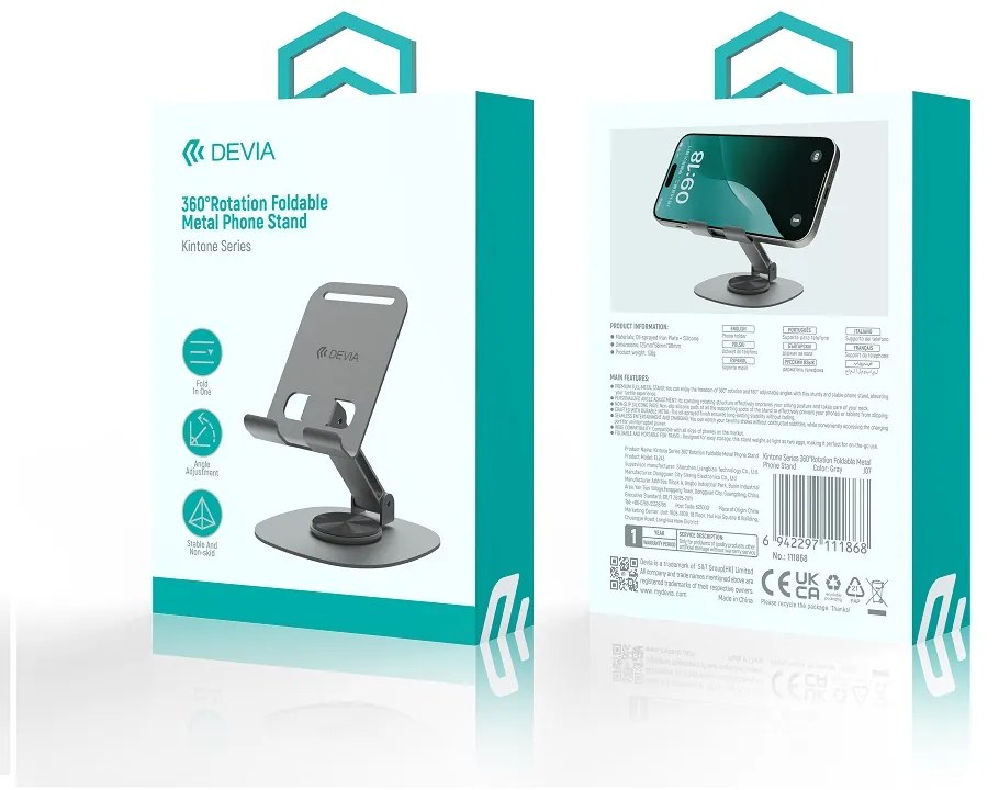 Devia folding holder stand EL243 for phone tablet rotating 360 gray metal