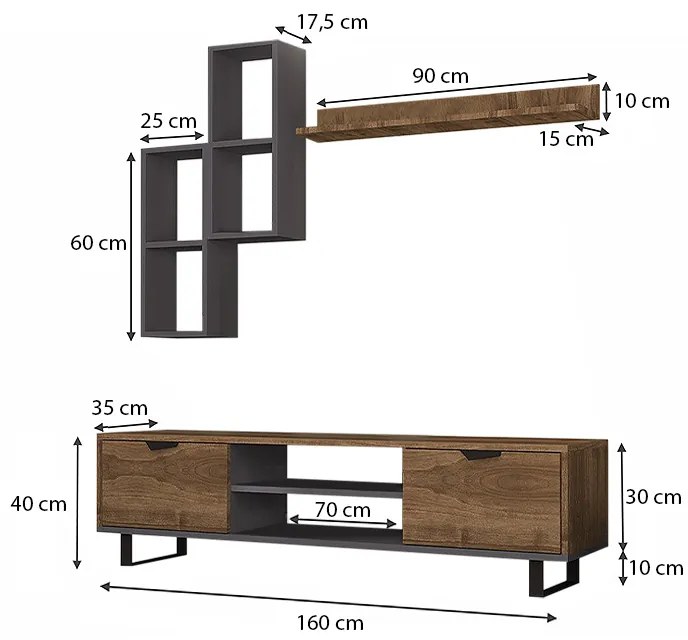 Σύνθεση τηλεόρασης Lonsa Megapap από μελαμίνη χρώμα καρυδί - γκρι 160x35x40εκ.