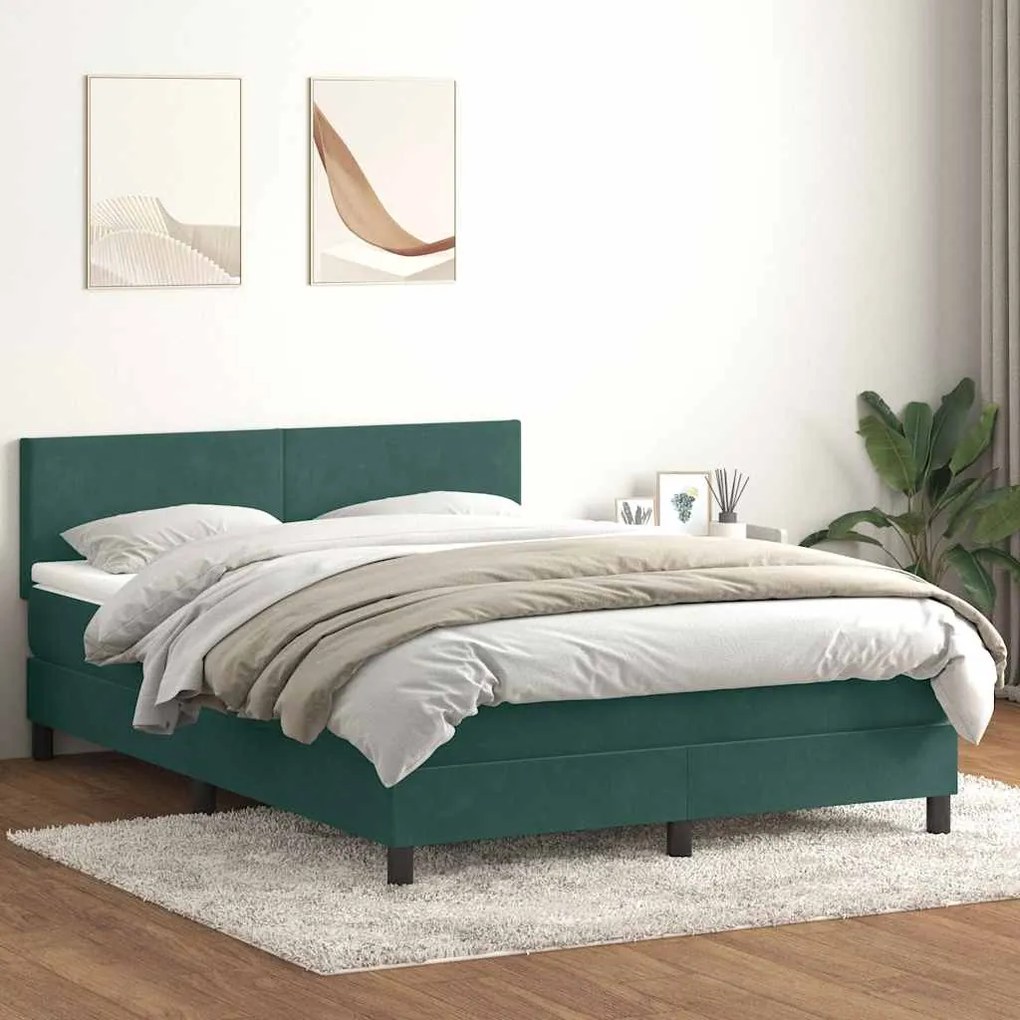 vidaXL Κρεβάτι Boxspring με Στρώμα Σκούρο Πράσινο 140x210εκ. Βελούδινο