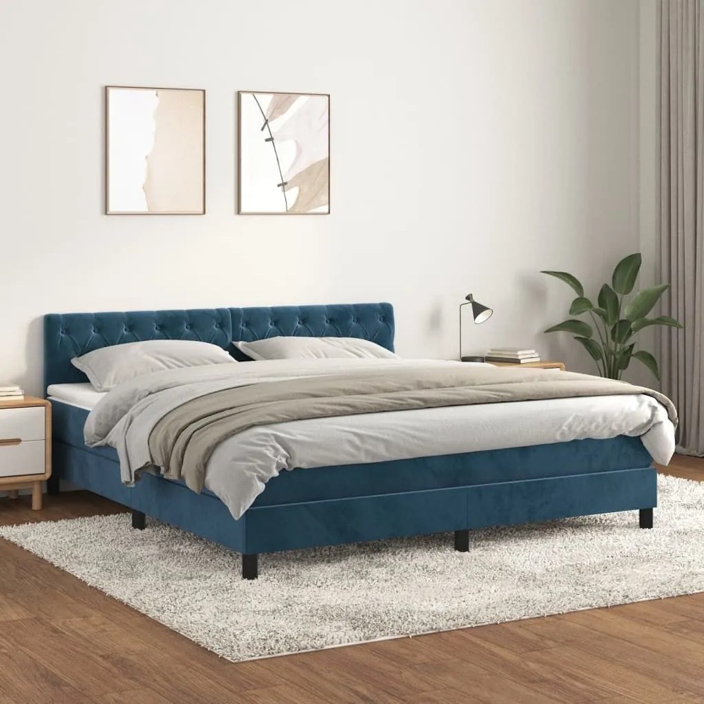 Κρεβάτι Boxspring με Στρώμα Σκούρο Μπλε 160x200 εκ. Βελούδινο - Μπλε