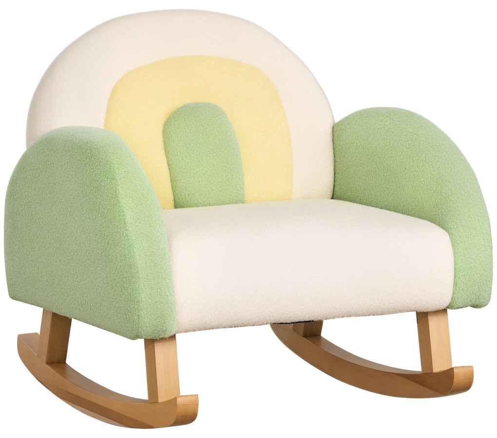 HOMCOM Κουνιστή πολυθρόνα για νήπια, χαριτωμένο σχέδιο, απομίμηση δέρματος προβάτου, ξύλο ευκαλύπτου, πράσινο + κίτρινο μπεζ