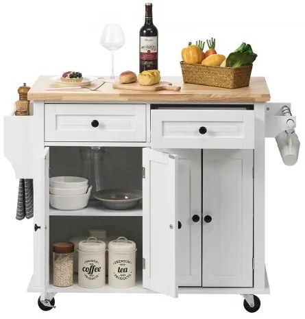 VEVOR Kitchen Island Cart with Solid Wood Top, 35.4" Width Mobile Carts with Storage Cabinet, Rolling Kitchen Table with Spice Rack, Towel Rack, and Drawer, Portable Islands on Wheels, White