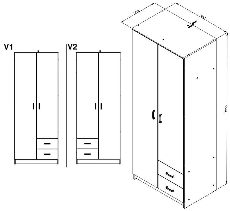 Ντουλάπα Hana 2K3P2F Λευκό 80x52x205 εκ. 80x52x205 εκ.